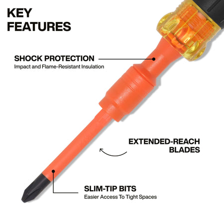 A key features graphic highlighting the 1000V shock protection provided by impact and flame-resistant insulation, the extended-reach blade design, and precision-machined slim-tip bits for easier access to tight electrical spaces.