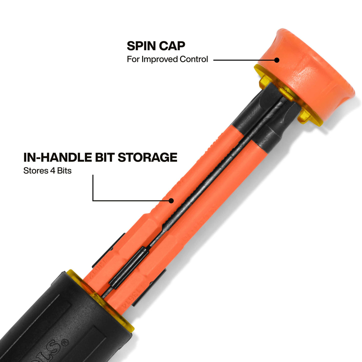 Close-up detail of the ergonomic handle emphasizing the specialized spin cap for improved control during delicate fastening and the integrated in-handle bit storage that securely holds all four interchangeable insulated bits.