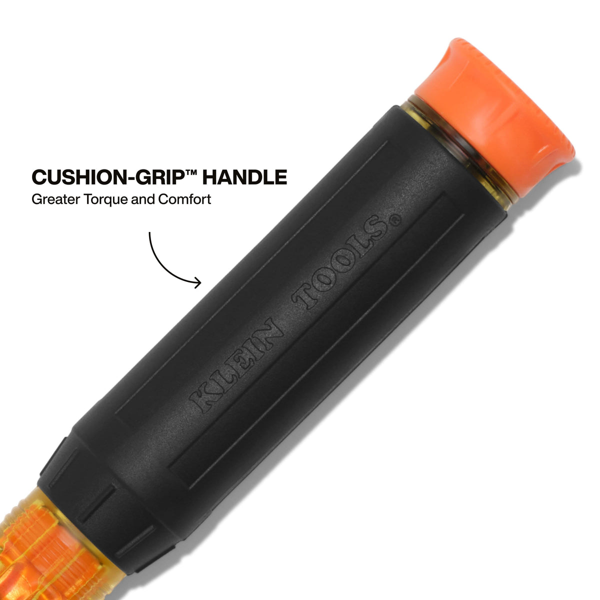 Macro shot of the iconic Klein Cushion-Grip handle on the insulated screwdriver, demonstrating the professional-grade rubber overmold designed to provide greater torque and maximum user comfort during electrical work.