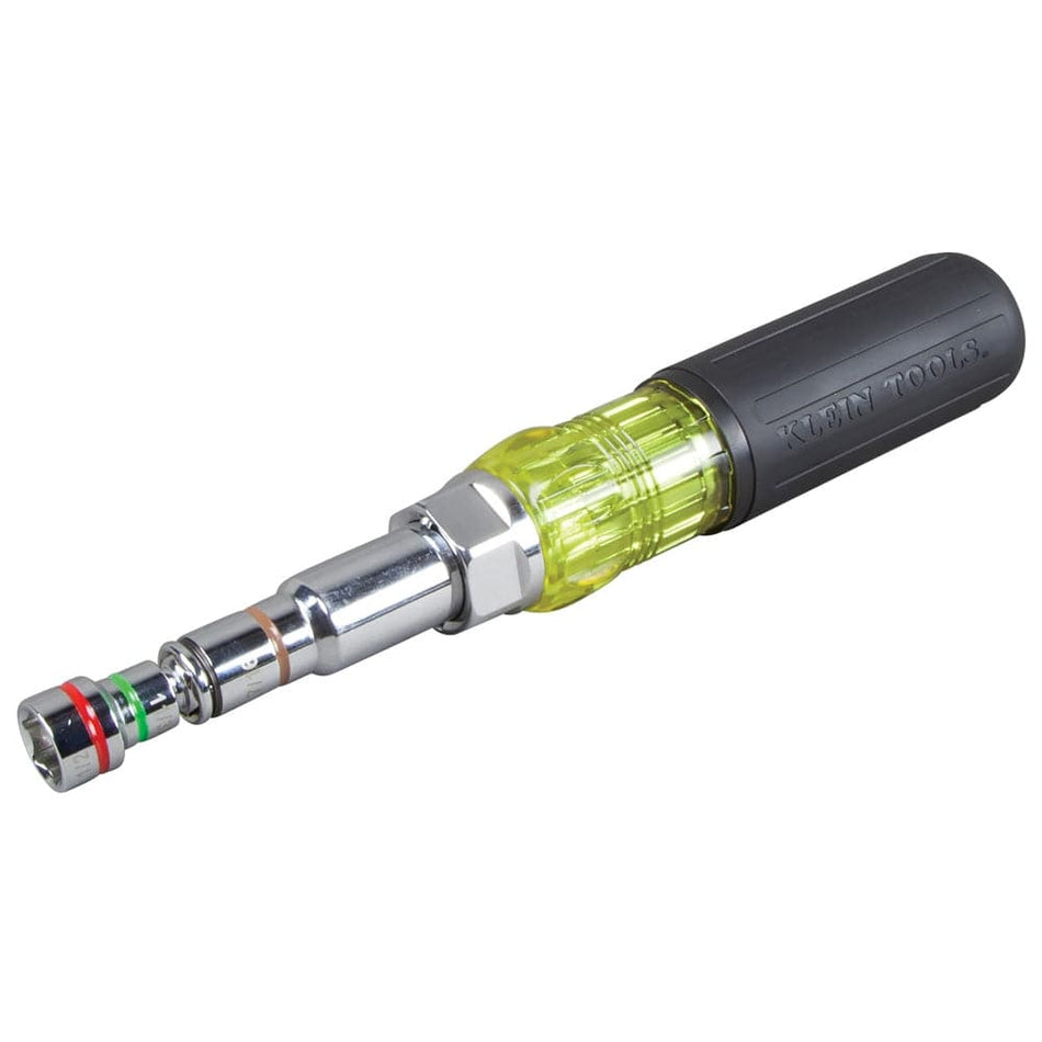A professional product photograph of the Klein Tools 32807MAG 7-in-1 magnetic nut driver featuring a black Cushion-Grip handle and interchangeable SAE hex bits with color-coded identification bands.