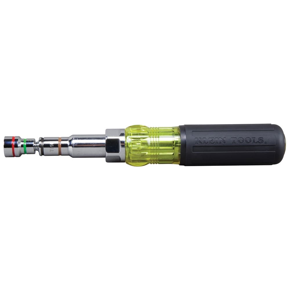 A side-profile studio view of the Klein 32807MAG multi-bit nut driver, showcasing the heavy-duty chrome-plated shaft and the integrated wrench-assist bolster for applying added torque to stubborn fasteners.