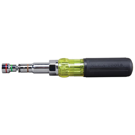 A side-profile studio view of the Klein 32807MAG multi-bit nut driver, showcasing the heavy-duty chrome-plated shaft and the integrated wrench-assist bolster for applying added torque to stubborn fasteners.