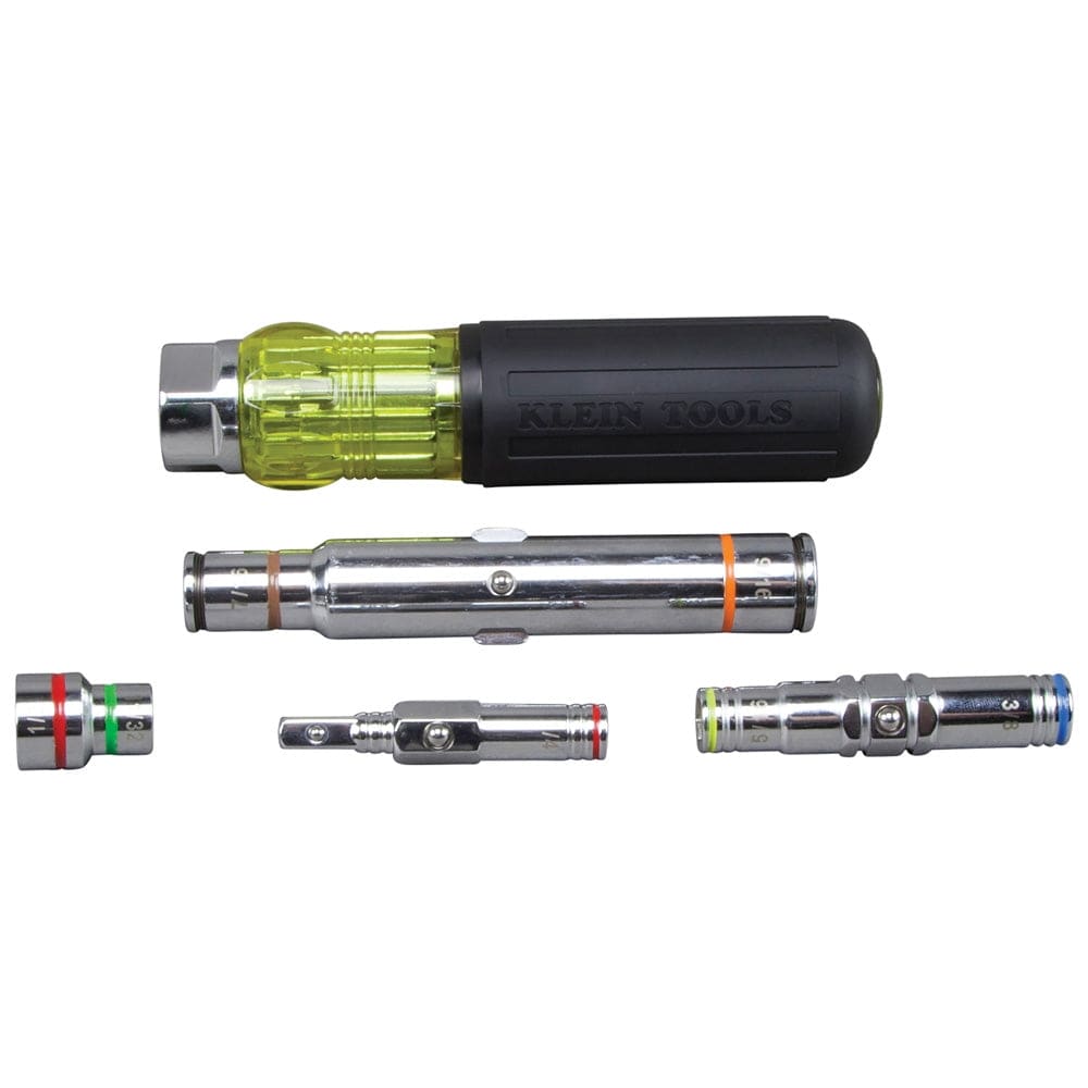 An exploded view display of the Klein 32807MAG 7-in-1 nut driver components, including the Cushion-Grip handle and the set of assorted color-coded interchangeable bits for SAE sizes 1/4 to 9/16-inch.