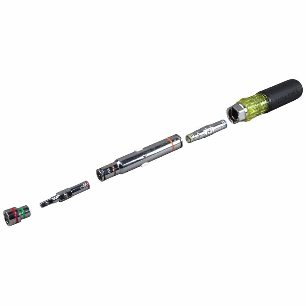 A high-resolution assembly graphic showing how the interchangeable magnetic and spring coil bits fit into the hollow shaft of the Klein 32807MAG 7-in-1 nut driver system.