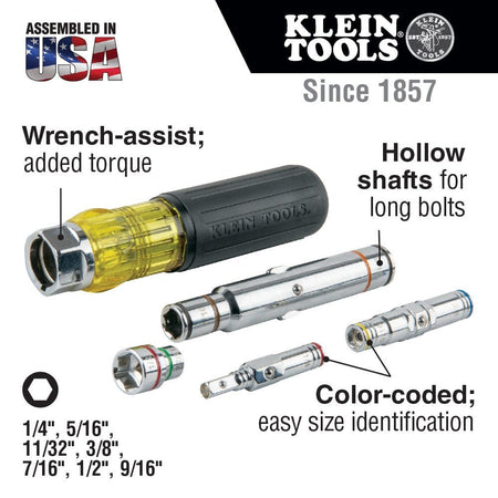 A technical feature graphic for the Klein 32807MAG nut driver noting the wrench-assist for added torque, hollow shafts for long bolts, and color-coded bits for easy size identification of all seven SAE hex sizes.