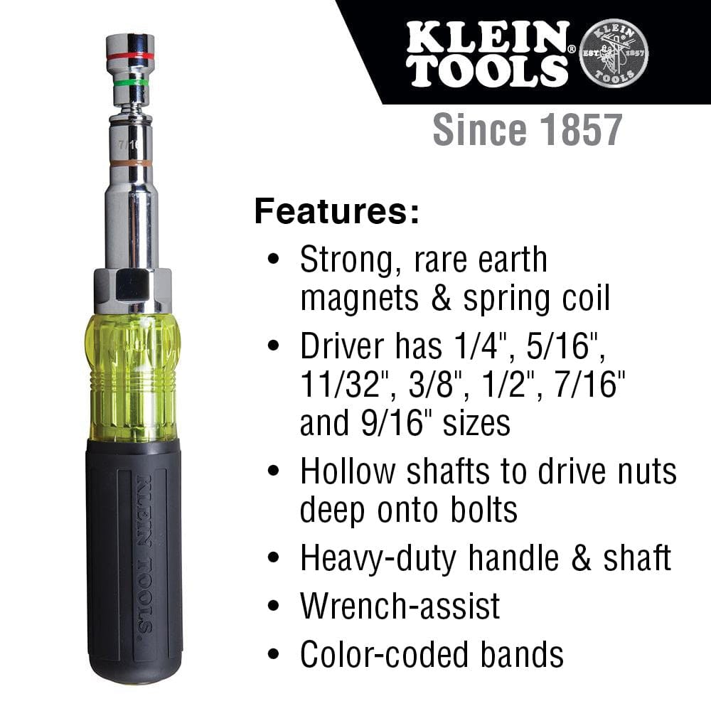 A vertical product graphic for the Klein 32807MAG 7-in-1 nut driver listing key features including strong rare earth magnets, spring coil technology, and heavy-duty handle construction.