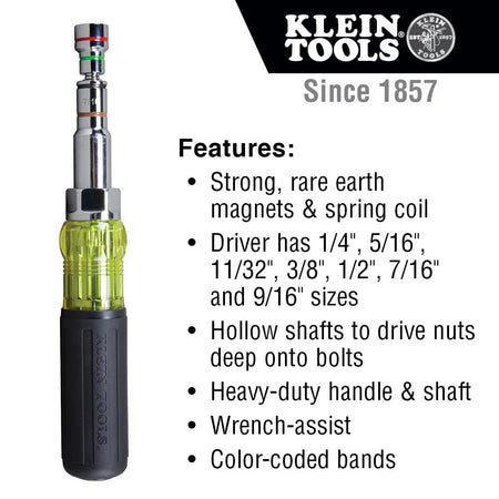A vertical product graphic for the Klein 32807MAG 7-in-1 nut driver listing key features including strong rare earth magnets, spring coil technology, and heavy-duty handle construction.