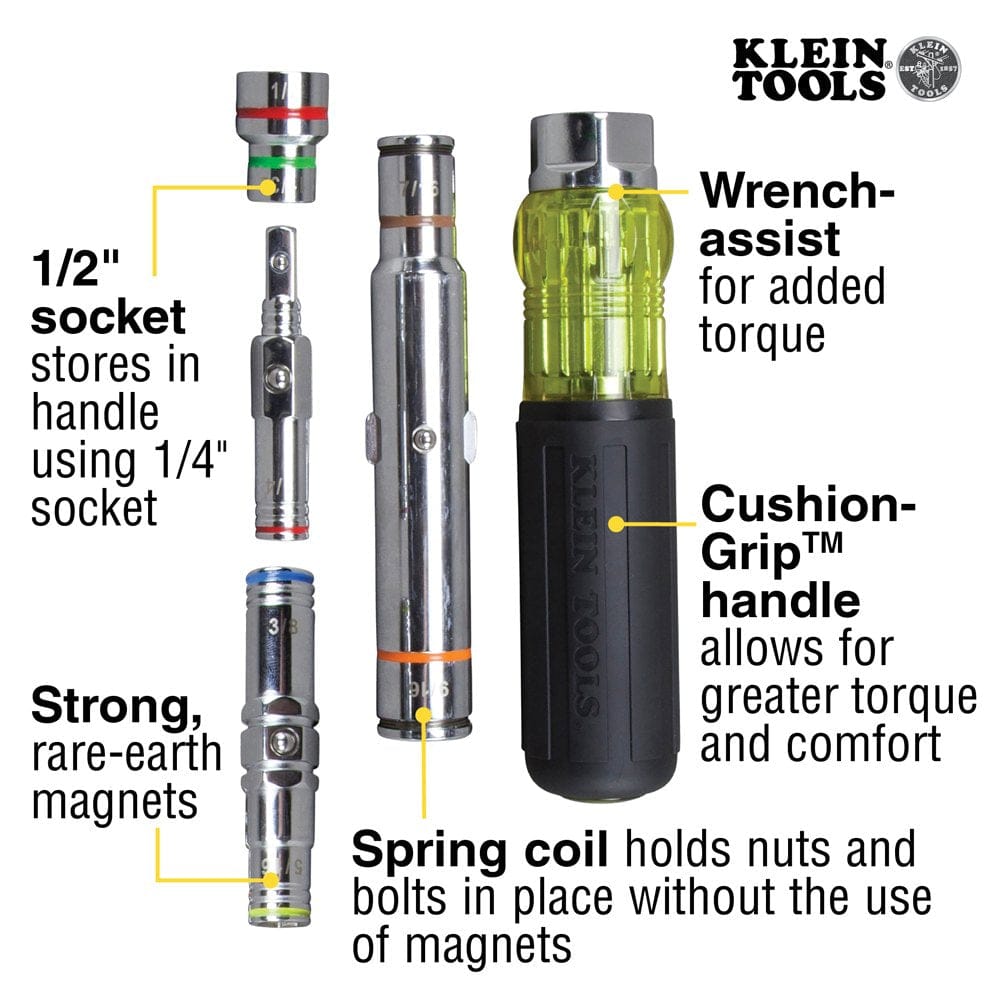 A detailed feature diagram illustrating the storage of the 1/2-inch socket, the use of rare-earth magnets for smaller sizes, and the spring coil mechanism for holding 7/16 and 9/16-inch nuts without magnets.
