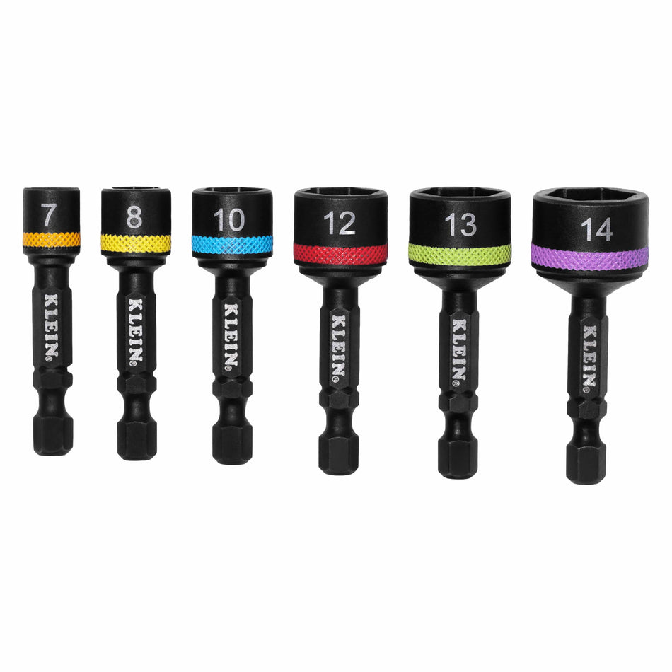 A studio product shot of the six-piece Klein Tools 32926SM magnetic power nut setter set, featuring 1/4-inch hex shank impact-rated bits in metric sizes 7mm, 8mm, 10mm, 12mm, 13mm, and 14mm with high-visibility color-coded identification bands.