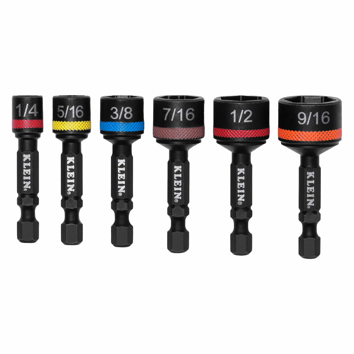 A studio product shot showing the six-piece Klein Tools 32926S magnetic power nut setter set, featuring 1/4-inch hex shank impact-rated bits in SAE sizes 1/4, 5/16, 3/8, 7/16, 1/2, and 9/16-inch with vibrant color-coded identification bands.