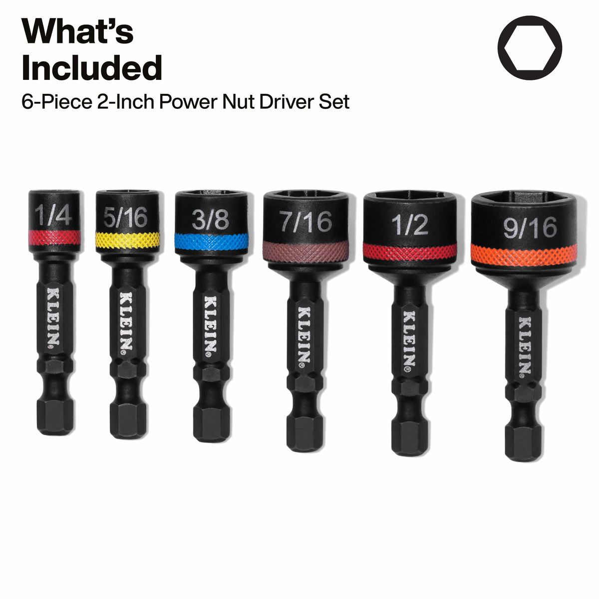 A component breakdown image titled What’s Included, displaying the full six-piece 2-inch power nut driver set with large laser-etched size markings for quick identification in a professional tool bag.