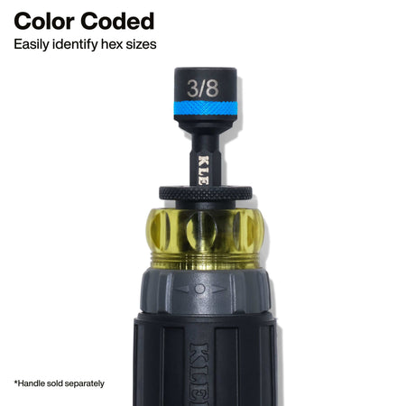 A demonstration of a 3/8-inch magnetic nut setter attached to a manual multi-bit screwdriver handle, illustrating the versatility of the color-coded hex bits for both manual and power driving applications.