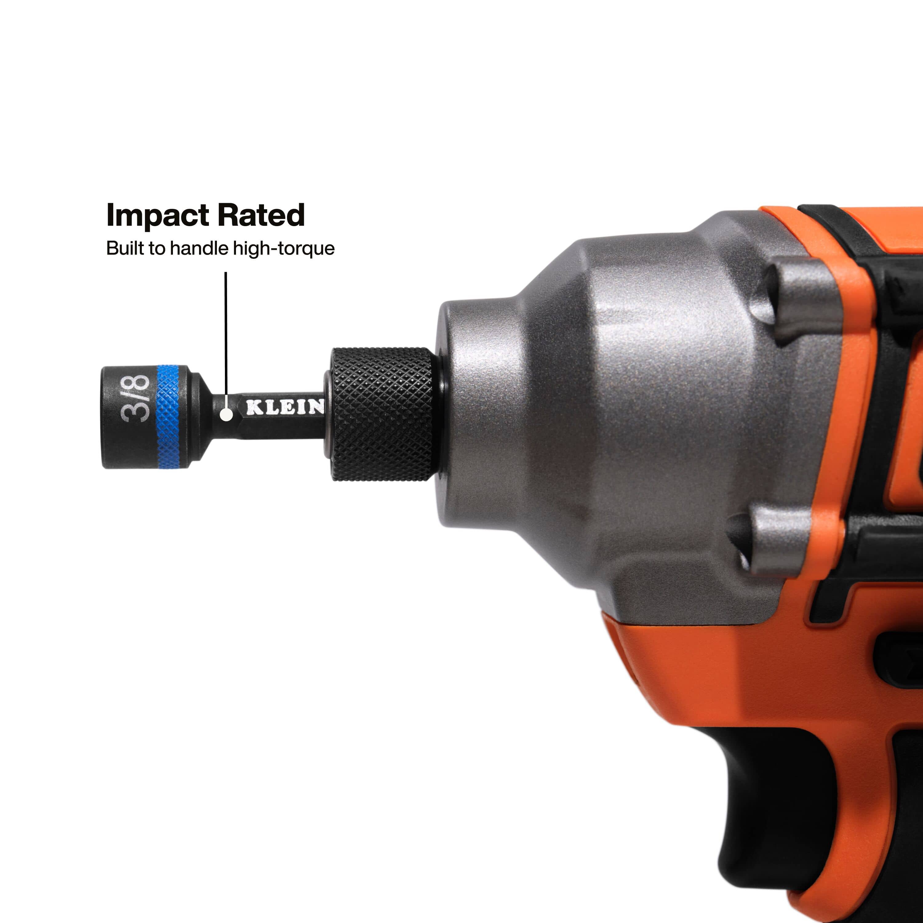 A functional demonstration of an impact-rated magnetic nut setter attached to a cordless impact driver, emphasizing the heavy-duty alloy steel construction built to handle high-torque fastening tasks.
