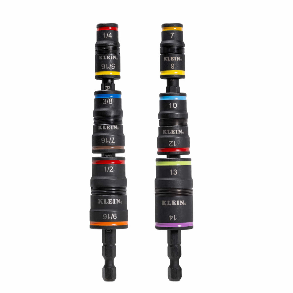 A studio product shot of the Klein Tools 32933KIT set, featuring two 5-inch impact-rated shafts each holding three double-ended flip sockets with high-visibility color-coded rings for SAE and metric sizes.