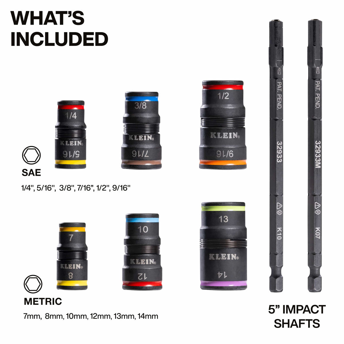 A component breakdown image titled What’s Included, displaying three SAE flip sockets, three metric flip sockets, and two 5-inch impact shafts covering 12 nut driver sizes from 1/4-inch to 9/16-inch and 7mm to 14mm.