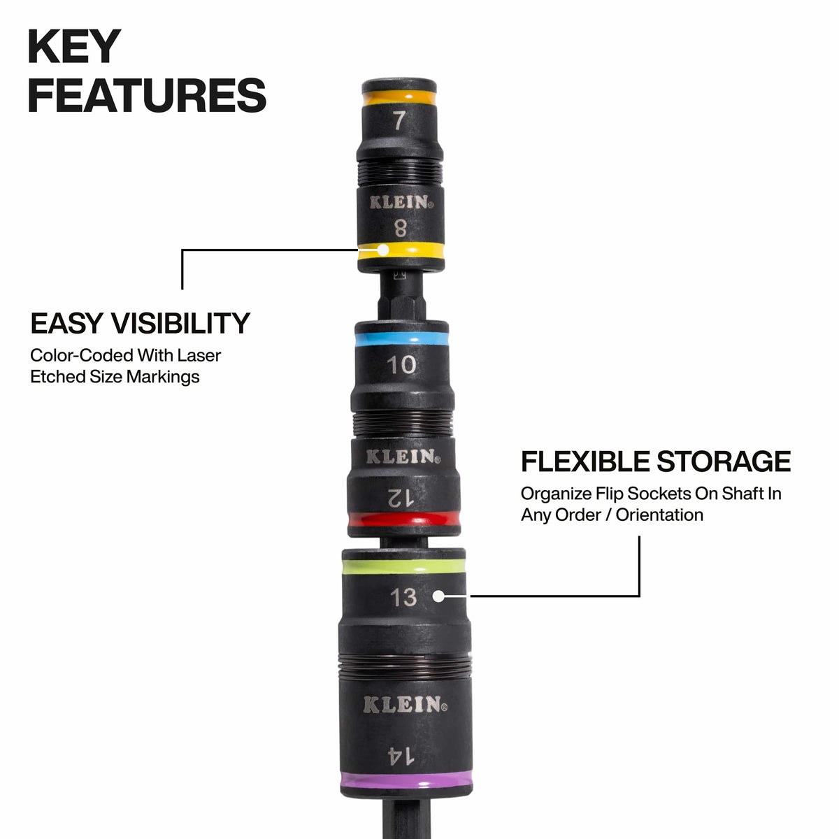 Close-up product detail highlighting the easy visibility of the laser-etched size markings and the flexible storage design that allows flip sockets to be organized on the shaft in any order or orientation.