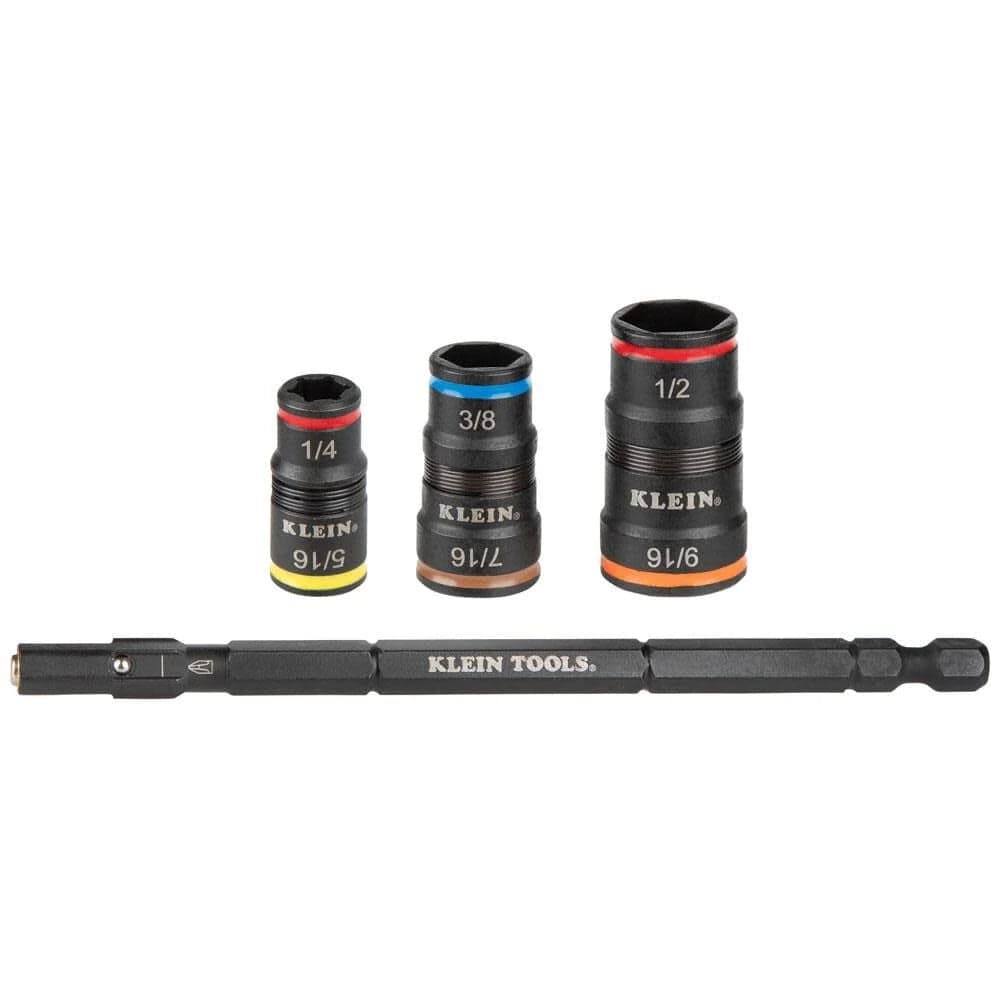 The disassembled set shown against a white background, featuring three individual black flip sockets with color-coded bands and a single 5-inch black impact-rated hex shaft with the Klein Tools logo.