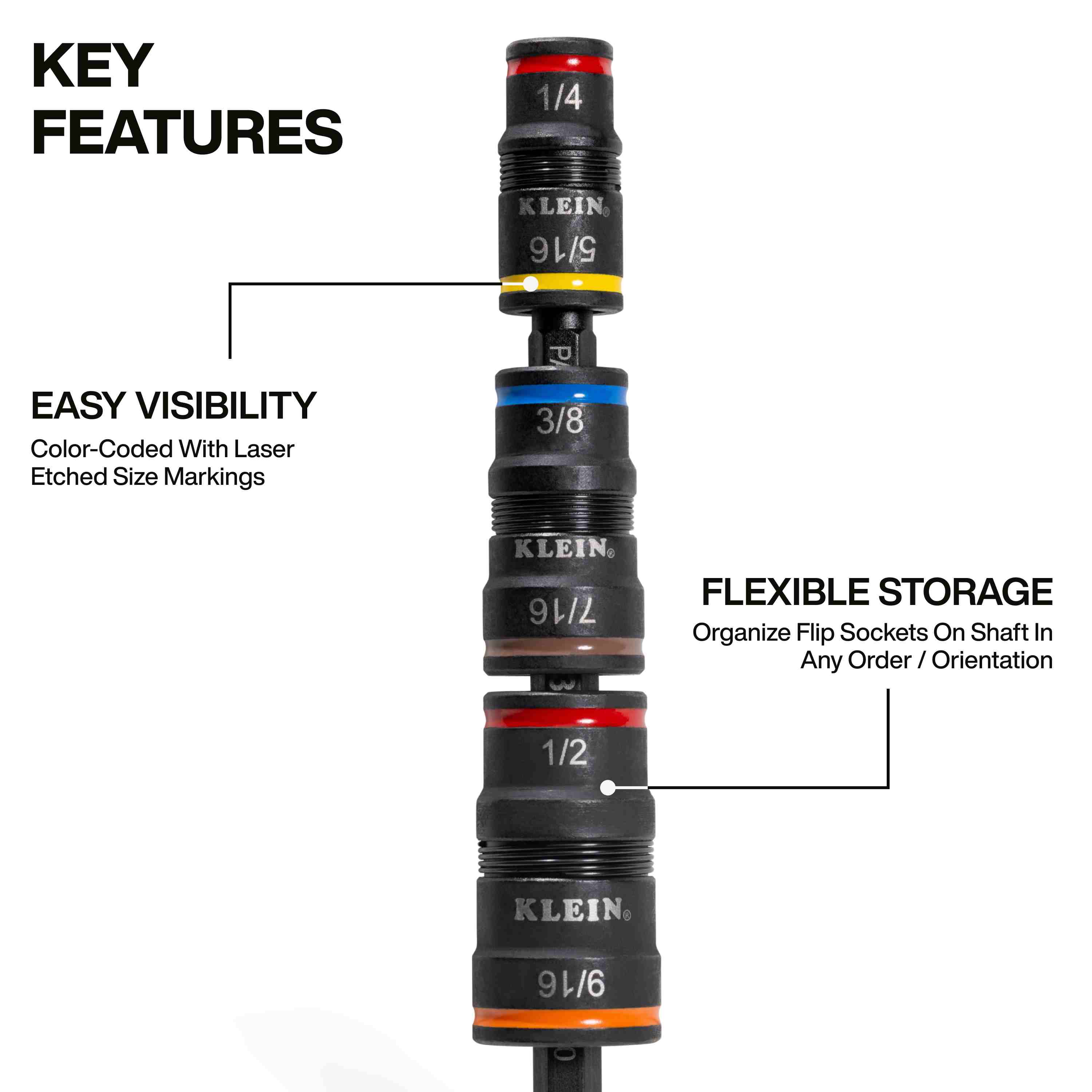 An informational graphic labeled Key Features, highlighting the easy visibility provided by color-coded size markings and the flexible storage design that allows sockets to be organized on the shaft in any order or orientation.