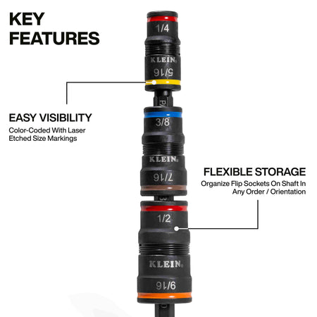 An informational graphic labeled Key Features, highlighting the easy visibility provided by color-coded size markings and the flexible storage design that allows sockets to be organized on the shaft in any order or orientation.