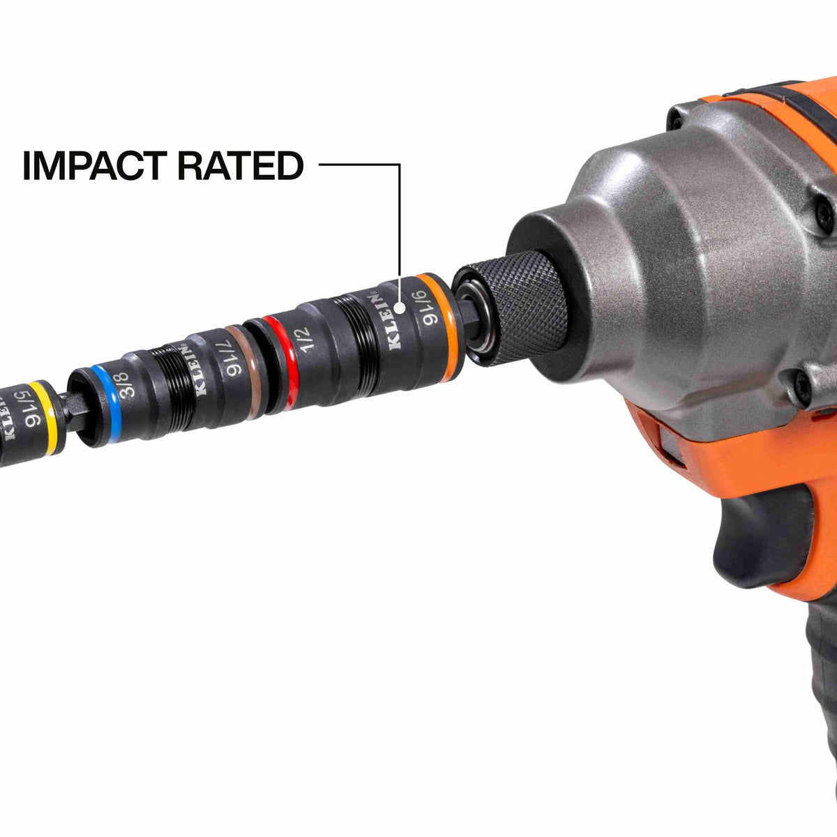 An action shot showing the 7-in-1 impact socket set fully assembled and attached to the chuck of a cordless impact driver, emphasizing its high-torque impact rating.
