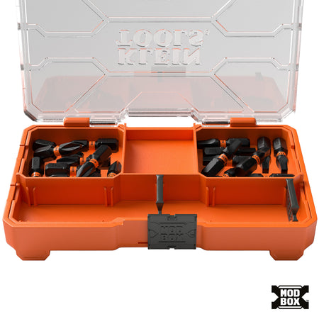 A close-up view of the 20-piece impact driver bit set in its open orange case, featuring organized compartments for Phillips and square drive bits and the MODbox system logo.