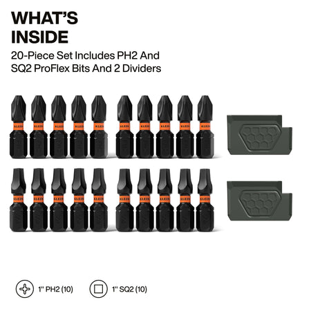 A component breakdown titled What’s Inside, showing the 20-piece set including ten 1-inch PH2 bits, ten 1-inch SQ2 bits, and two removable gray compartment dividers.