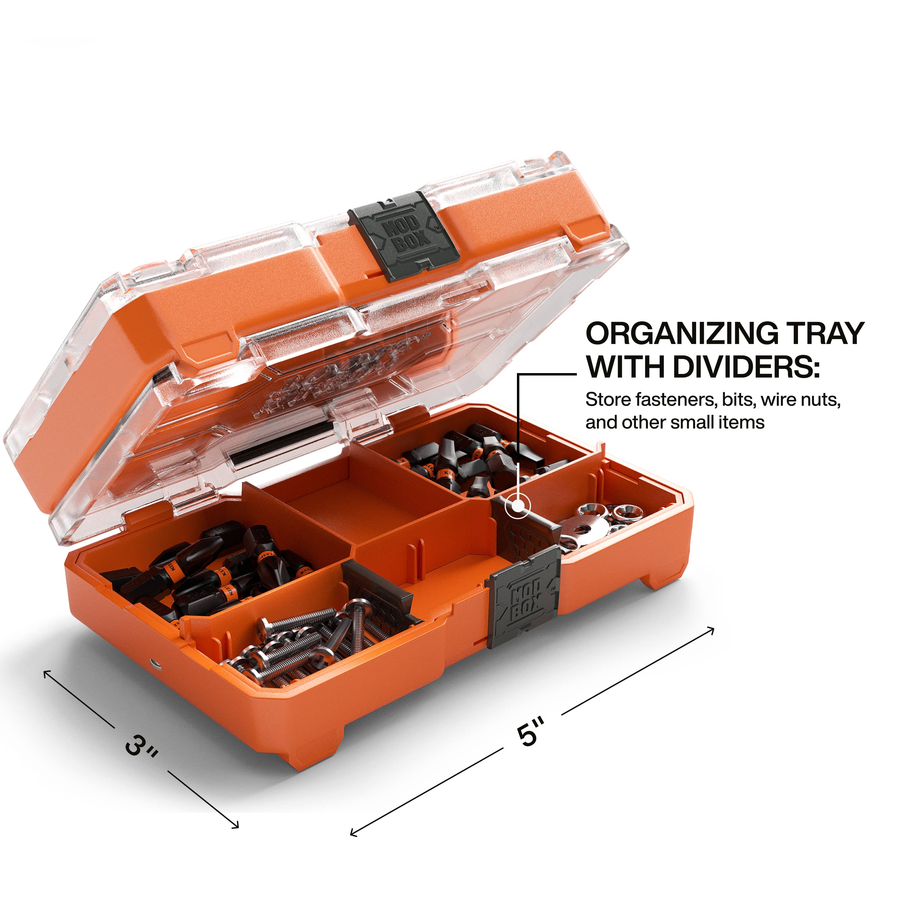 An angled view of the open slim storage case, highlighting the organizing tray with dividers used to store fasteners, driver bits, and other small job site essentials.