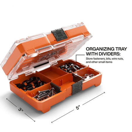 An angled view of the open slim storage case, highlighting the organizing tray with dividers used to store fasteners, driver bits, and other small job site essentials.