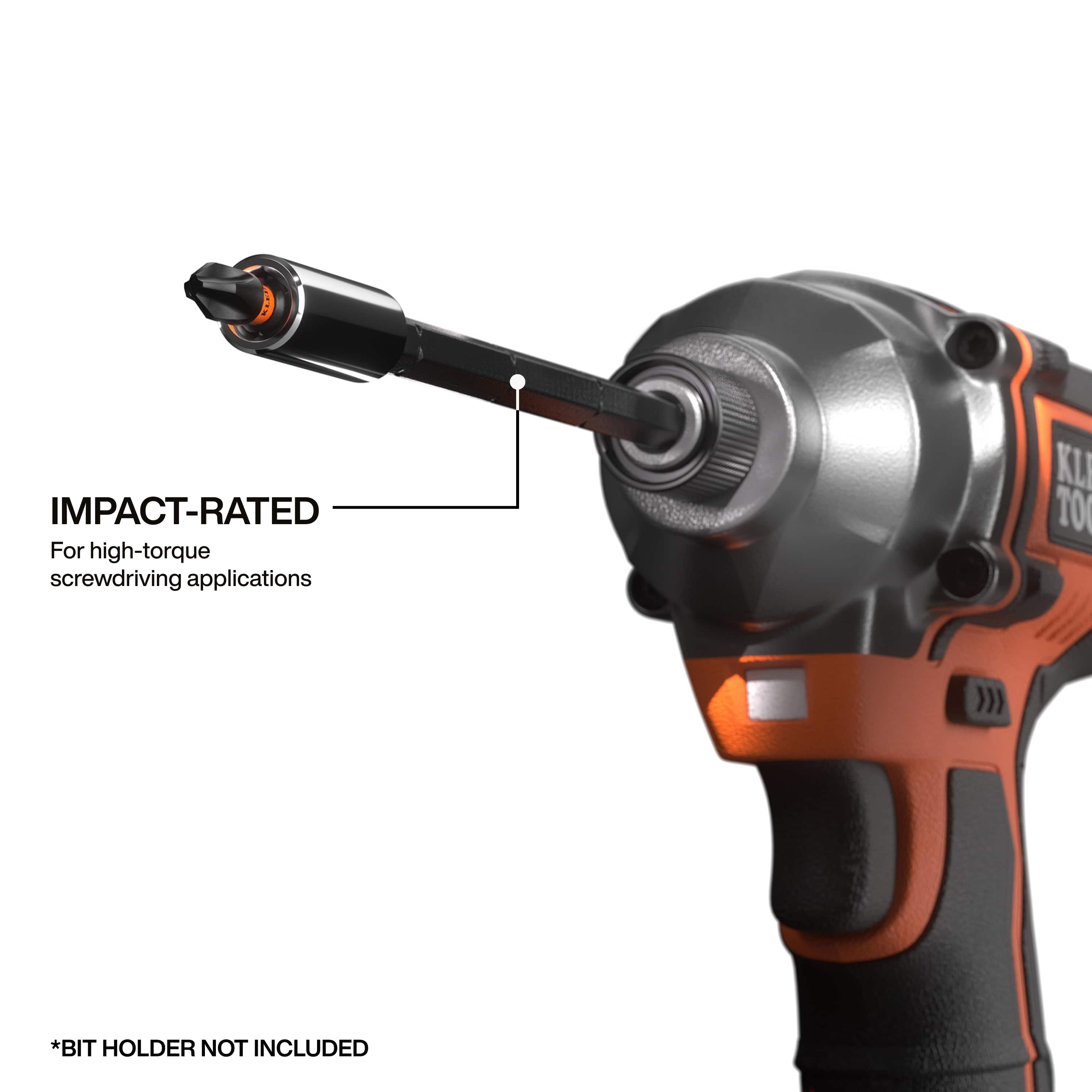 A functional demonstration of an impact-rated driver bit attached to a cordless impact driver, illustrating its professional-grade capability for heavy-duty screwdriving tasks.