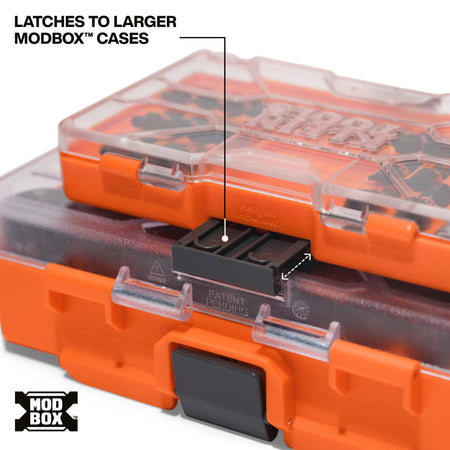 Detailed view of the integrated back latch on the slim case, demonstrating how it securely connects and latches to larger Klein Tools MODbox modular storage system components.