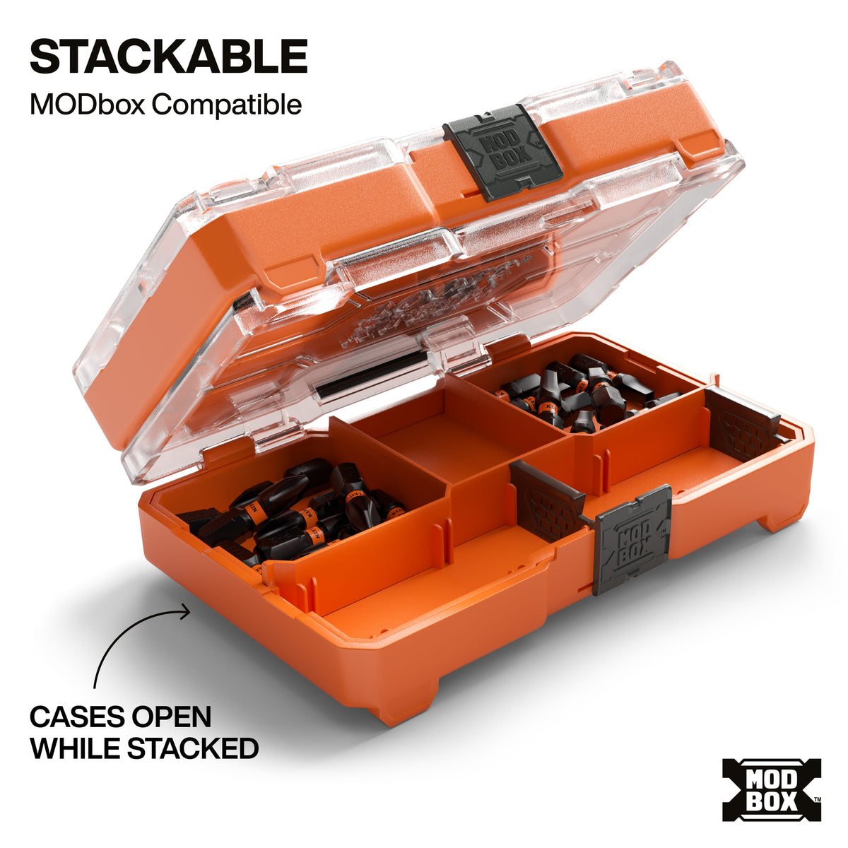 An image showing the stackable modular design of the MODbox system, demonstrating that the slim accessory cases can be opened and accessed even while stacked on top of each other.
