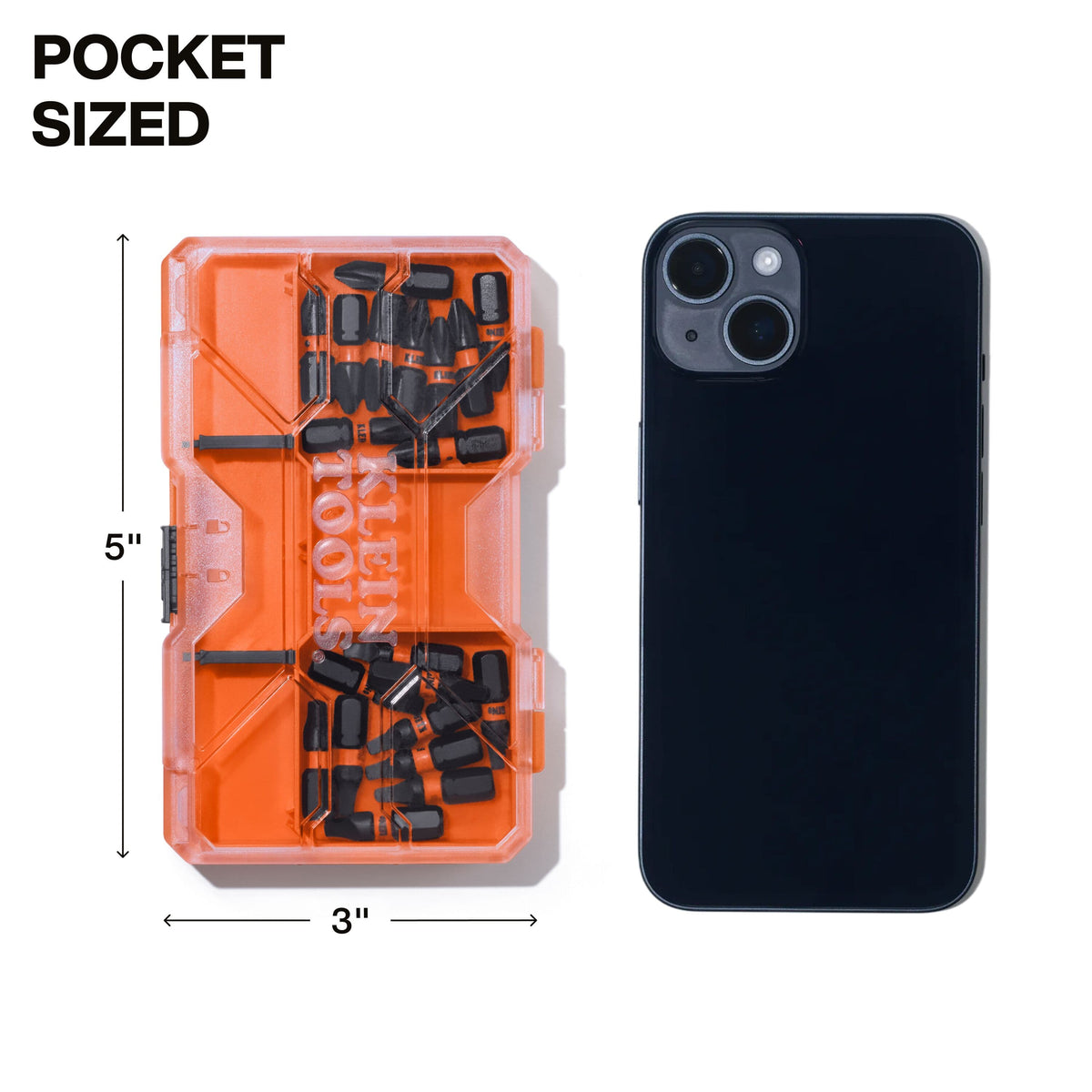 An image comparing the pocket-sized Klein Tools slim bit case to a smartphone, showing the compact 5-inch by 3-inch dimensions of the MODbox compatible organizer.