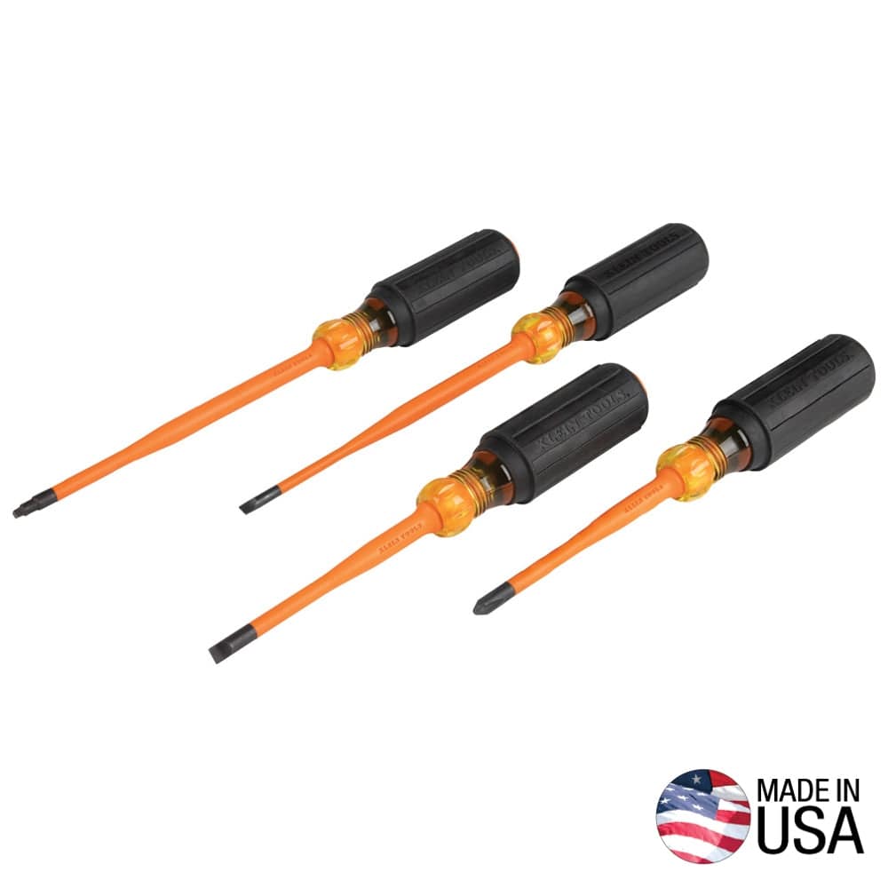 A high-resolution product shot of the Klein Tools 33734INS 4-piece 1000V insulated screwdriver set featuring orange slim-tip blades and black Cushion-Grip handles, with a Made in USA emblem.