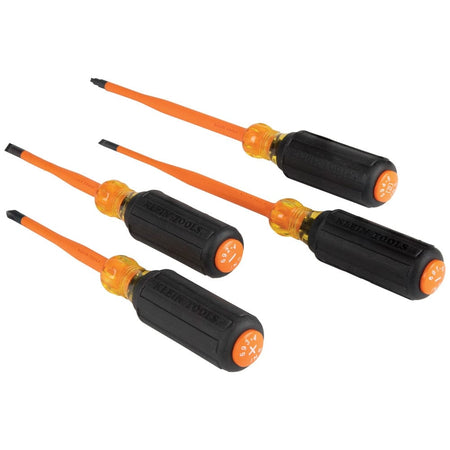 A perspective view of four Klein insulated screwdrivers displayed on a white background, highlighting the variety of Phillips, Cabinet, and Square slim-tip sizes included in the 33734INS professional set.