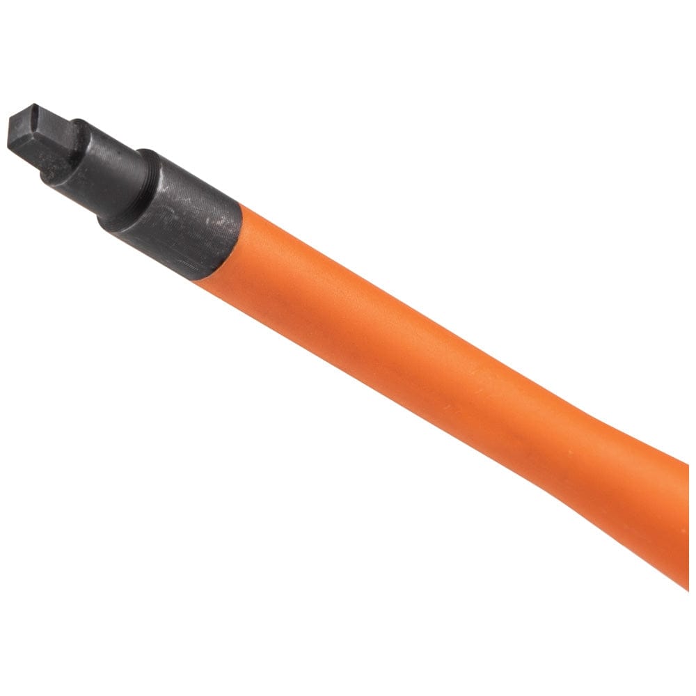 A macro close-up of a Klein Tools orange insulated slim-tip square head blade, demonstrating the flush insulation design that sits level with the tip for better access in narrow electrical spaces.