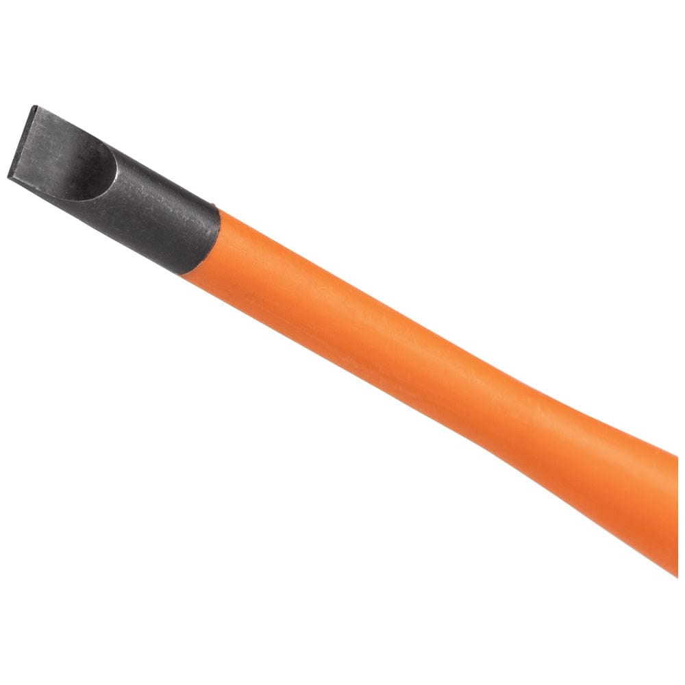 A detailed close-up shot of an orange insulated slim-tip cabinet screwdriver blade from the Klein 33734INS set, showcasing the precision-machined tip and smooth finish.