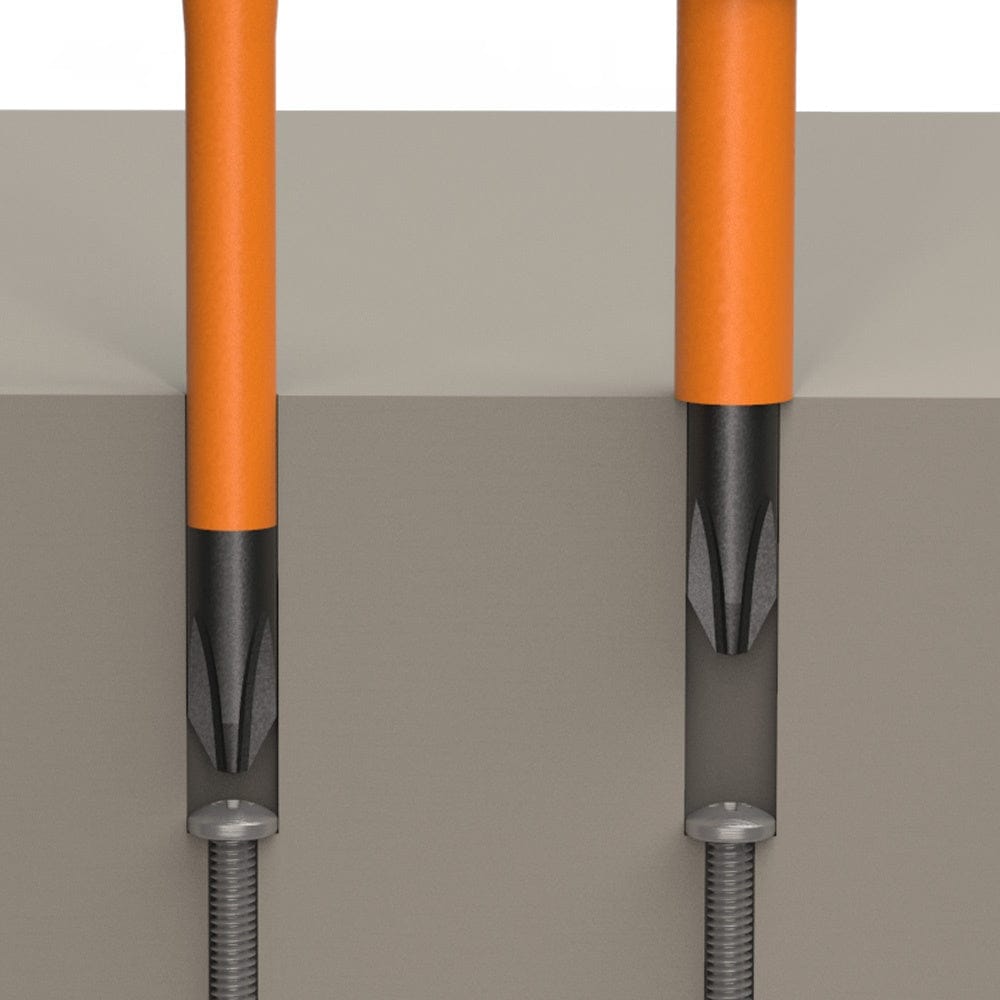 A comparison graphic illustrating two orange insulated screwdrivers inserted into deep terminal recesses, demonstrating how the Klein slim-tip design reaches screws that standard insulated tools cannot.