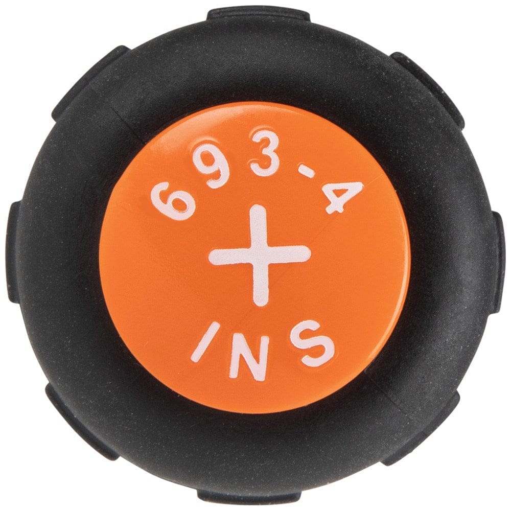 A top-down view of a Klein Tools screwdriver handle dome featuring a orange Tip-Ident marking for a #2 Phillips head and the INS insulated rating label for quick jobsite identification.