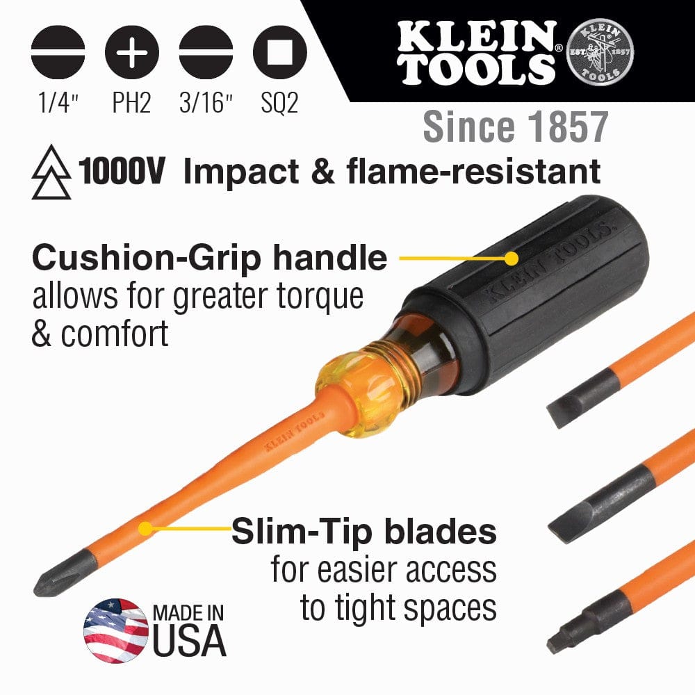 A technical feature graphic for the Klein 33734INS set highlighting the 1000V impact and flame-resistant insulation, Cushion-Grip handles for torque, and slim-tip blades for tight electrical spaces.