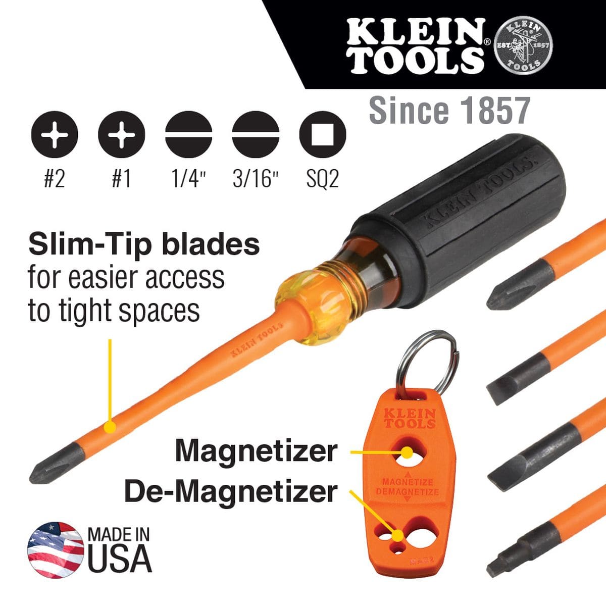 Klein Tools 1000V rated insulated screwdriver set marketing graphic displaying a central orange slim-tip driver and a handheld orange magnetizer demagnetizer accessory, alongside black infographics highlighting tip sizes for #2 Phillips, #1 Phillips, 1/4 inch cabinet, 3/16 inch cabinet, and SQ2 square drive bits.