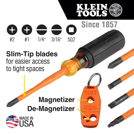 Klein Tools 1000V rated insulated screwdriver set marketing graphic displaying a central orange slim-tip driver and a handheld orange magnetizer demagnetizer accessory, alongside black infographics highlighting tip sizes for #2 Phillips, #1 Phillips, 1/4 inch cabinet, 3/16 inch cabinet, and SQ2 square drive bits.