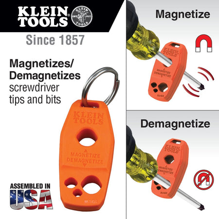 Klein Tools dual-function orange magnetizer block infographic detailing operational steps, demonstrating how to pass a steel screwdriver shaft through the upper opening to magnetize the drive tip and sliding it through the lower shaped steps to demagnetize the bit face near electrical fields.