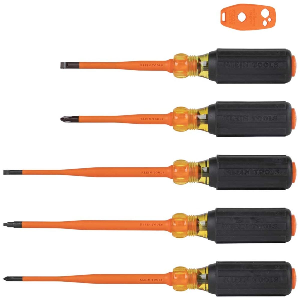 Klein Tools 33736INS slim-tip insulated screwdriver set flat horizontal profile layout showing an orange magnetizer block accessory arranged above five precision commercial screwdrivers featuring black rubberized handles with orange end caps and flush orange dielectric insulation sheathing isolated on a white background.