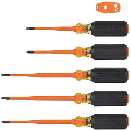Klein Tools 33736INS slim-tip insulated screwdriver set flat horizontal profile layout showing an orange magnetizer block accessory arranged above five precision commercial screwdrivers featuring black rubberized handles with orange end caps and flush orange dielectric insulation sheathing isolated on a white background.