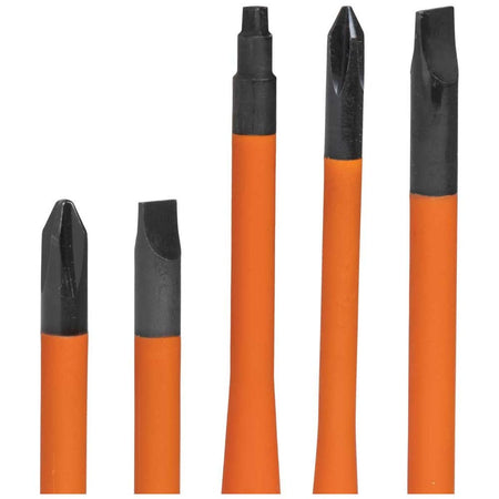 Klein Tools 1000-volt insulated screwdriver set close-up detail showcasing five distinct precision-milled steel drive tips consisting of cabinet slotted heads, square drives, and Phillips head profiles transitioning flush down into bright orange impact-resistant protective polymer sheathing isolated on a white background.