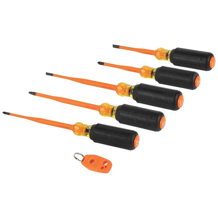 Klein Tools 6-piece insulated hand tool set viewed from an elevated side perspective, highlighting five assembled cushion-grip drivers with high-dielectric handles and flush orange insulated shanks fanned out uniformly alongside a matching orange multi-zone magnetizer demagnetizer key ring accessory on a white background.