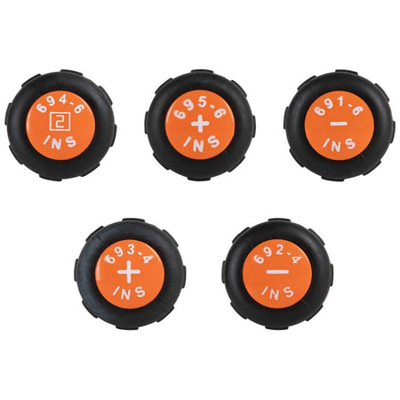 Klein Tools insulated screwdriver collection end cap profile layout, displaying five circular orange handle butts with crisp white visual orientation markings indicating specific part numbers along with clear symbols for slotted cabinet heads, square drive metrics, and Phillips head styles.
