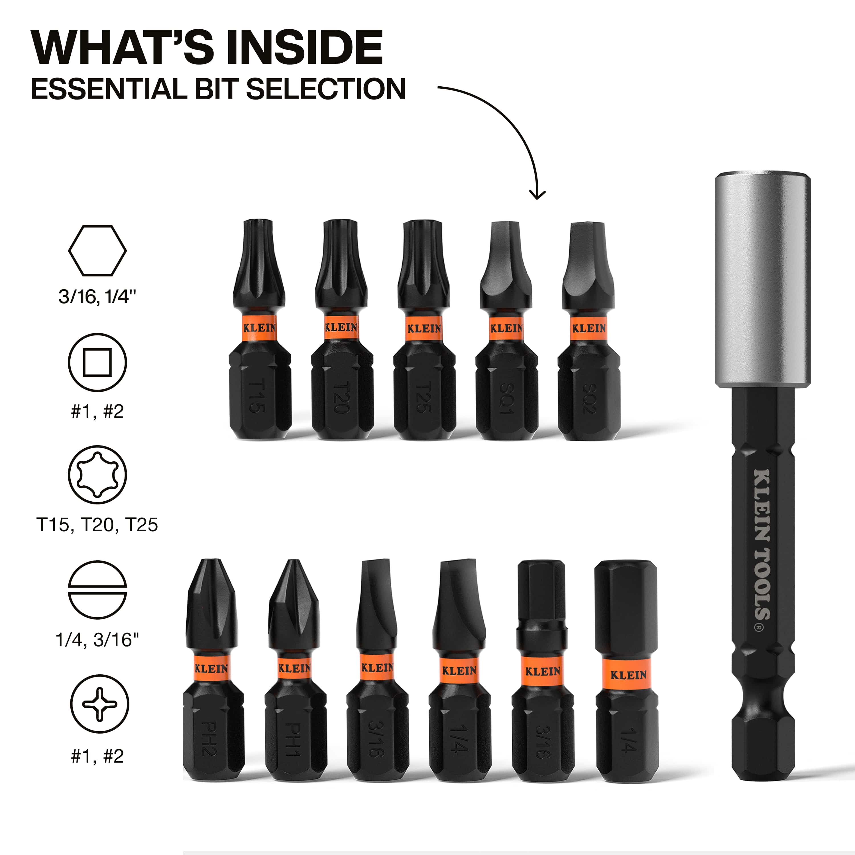 An essential bit selection graphic illustrating the contents of the 12-piece Klein Tools set, including 3/16-inch and 1/4-inch hex, #1 and #2 Phillips, #1 and #2 square, T15, T20, and T25 TORX, and 1/4-inch and 3/16-inch slotted bits alongside a magnetic bit holder.