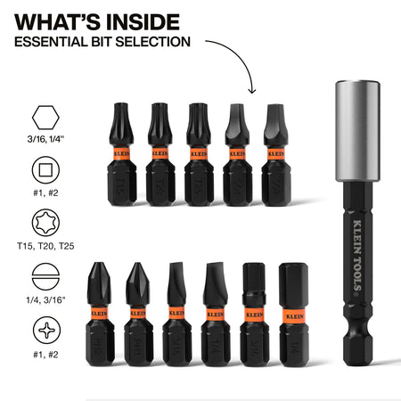 An essential bit selection graphic illustrating the contents of the 12-piece Klein Tools set, including 3/16-inch and 1/4-inch hex, #1 and #2 Phillips, #1 and #2 square, T15, T20, and T25 TORX, and 1/4-inch and 3/16-inch slotted bits alongside a magnetic bit holder.