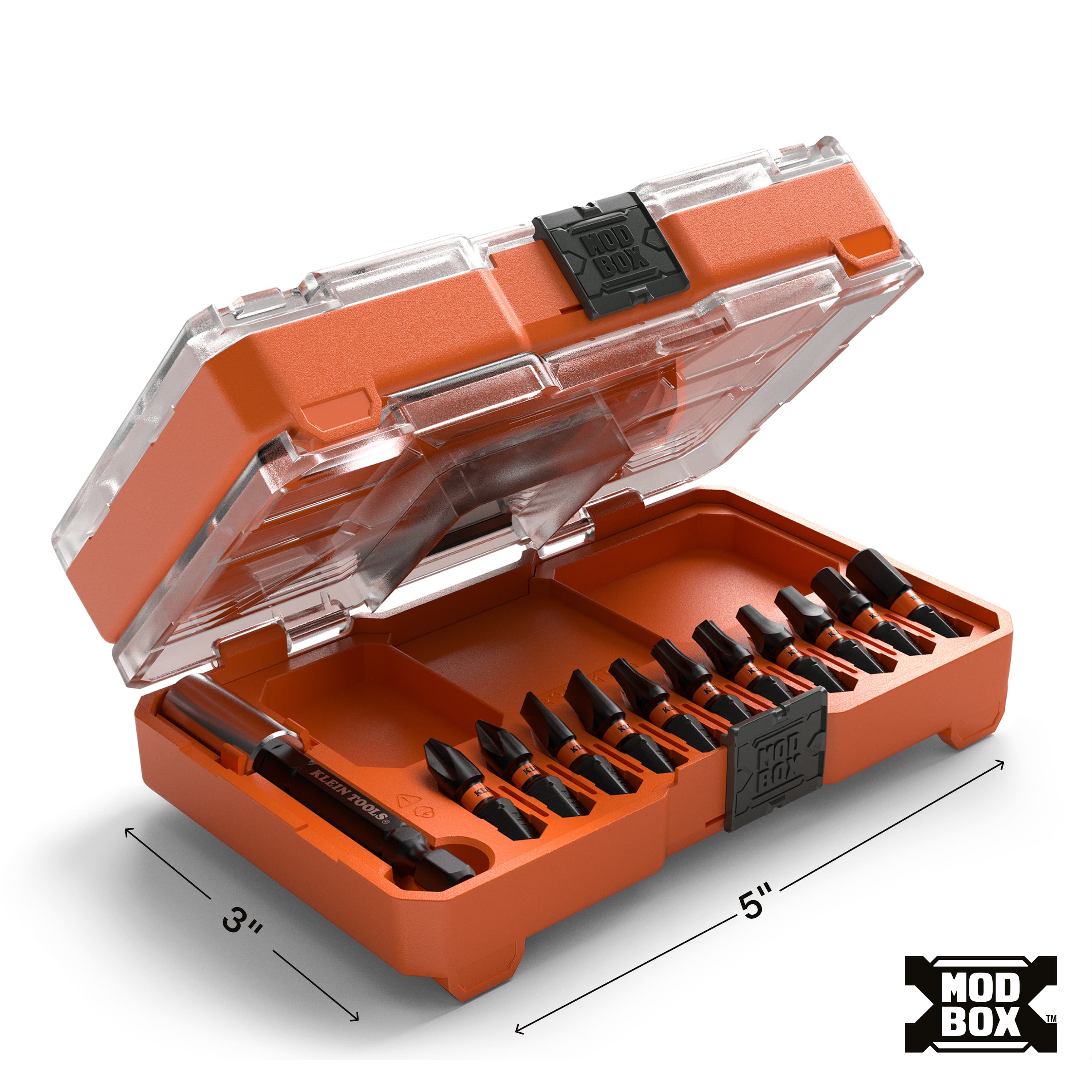 A perspective shot of the ultra-slim Klein Tools bit case with its clear lid partially open, highlighting the compact 5-inch by 3-inch dimensions and the MODbox modular storage system compatibility.